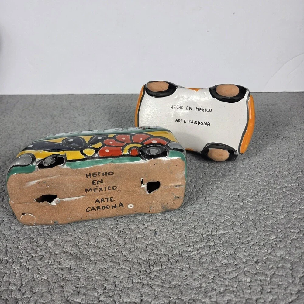 Talavera Pottery Hand Painted VW Beetle And Bus Figurines Mexican Art